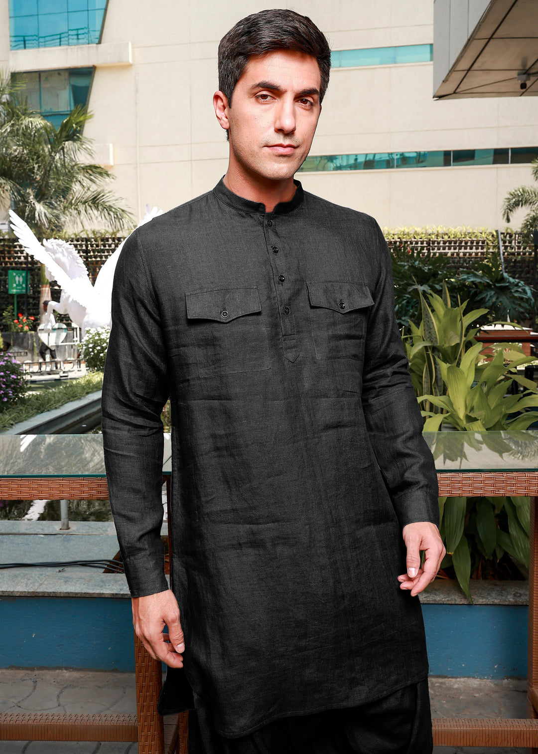 Aman - Pure Linen Long Kurta with Double Pocket - Black