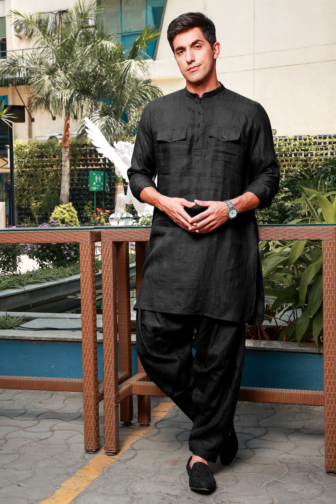 Aman - Pure Linen Long Kurta with Double Pocket - Black