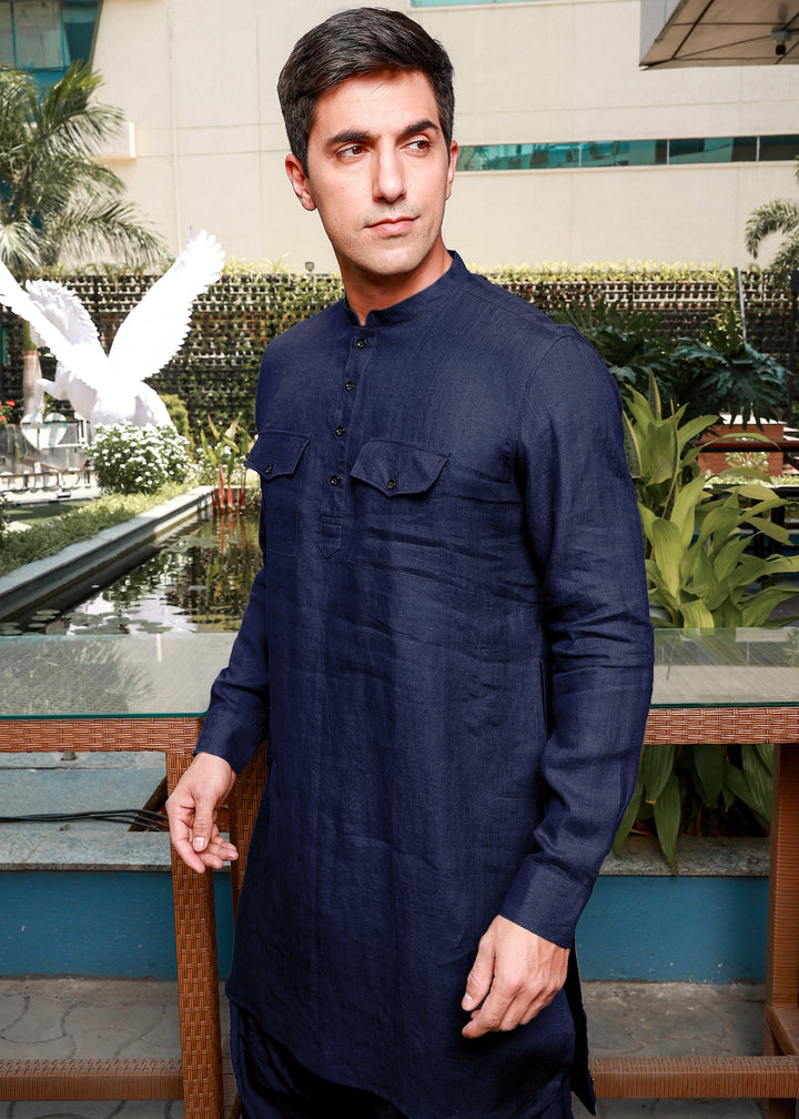 Aman - Pure Linen Long Kurta with Double Pocket - Dark Blue