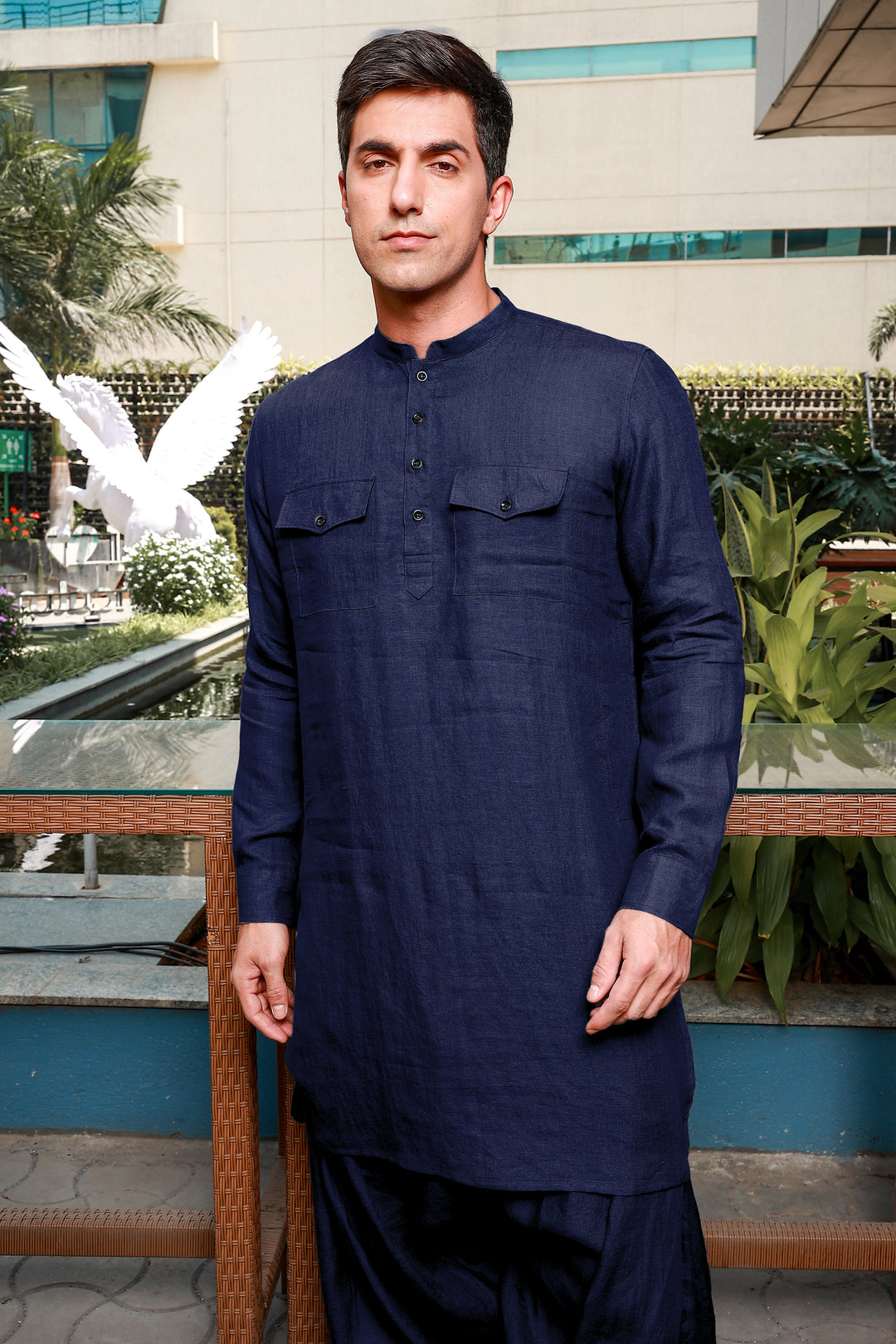 Aman - Pure Linen Long Kurta with Double Pocket - Dark Blue