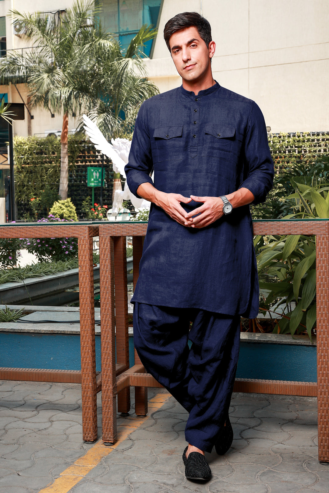 Aman - Pure Linen Long Kurta with Double Pocket - Dark Blue