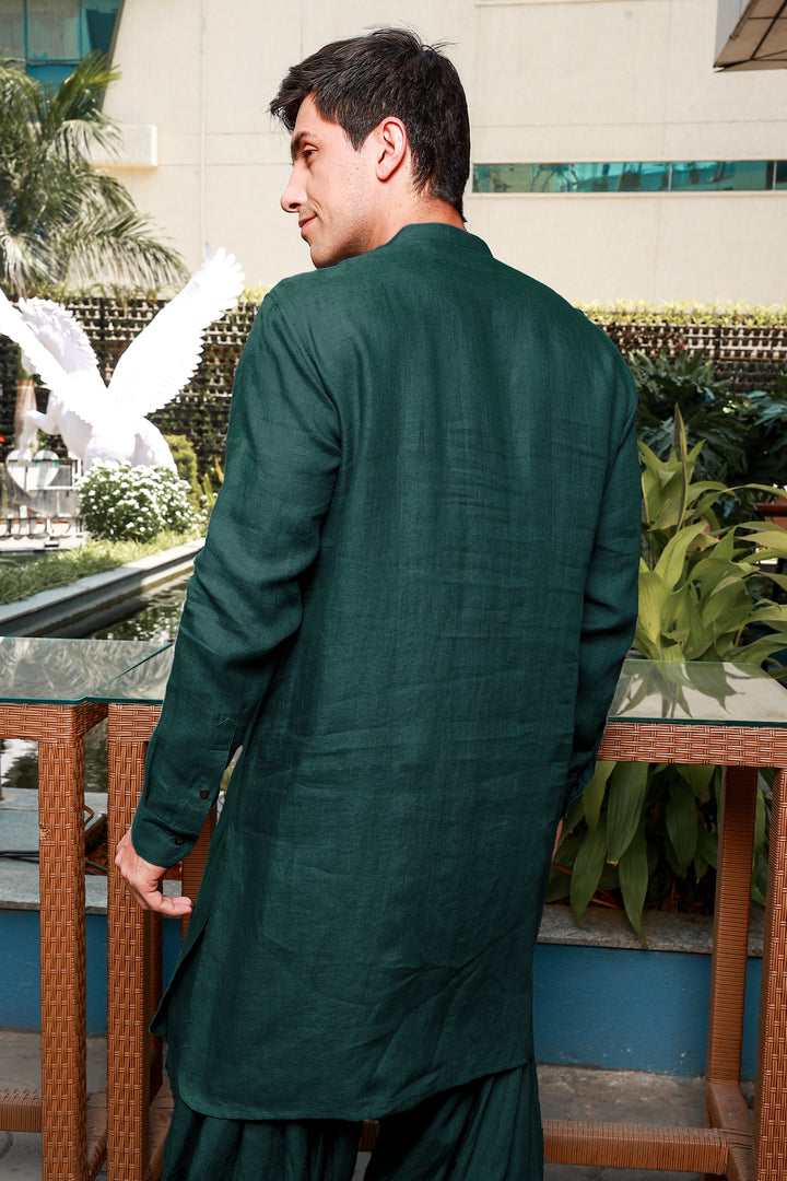 Aman - Pure Linen Long Kurta with Double Pocket - Dark Pine Green