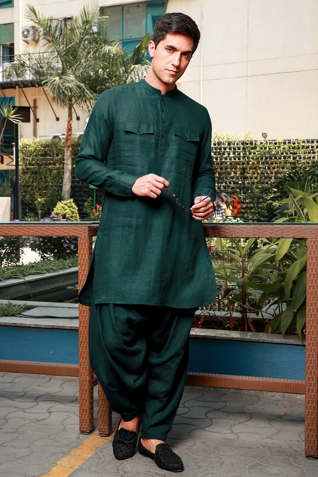 Aman - Pure Linen Long Kurta with Double Pocket - Dark Pine Green