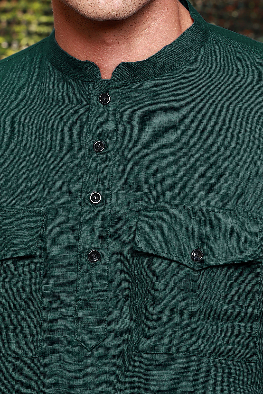 Aman - Pure Linen Long Kurta with Double Pocket - Dark Pine Green