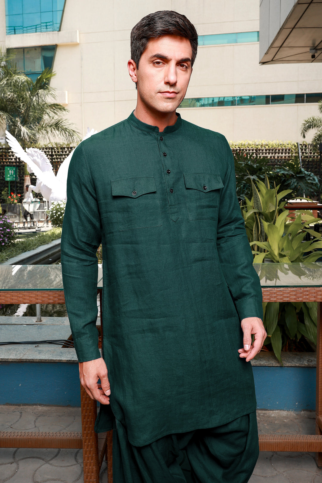 Aman - Pure Linen Long Kurta with Double Pocket - Dark Pine Green