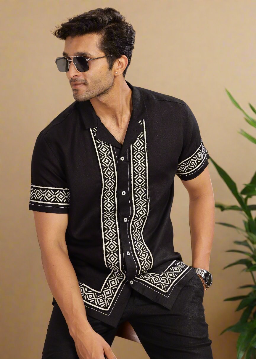 Black Pure Linen Hand-Embroidered Half Sleeve Shirt – Linen Trail