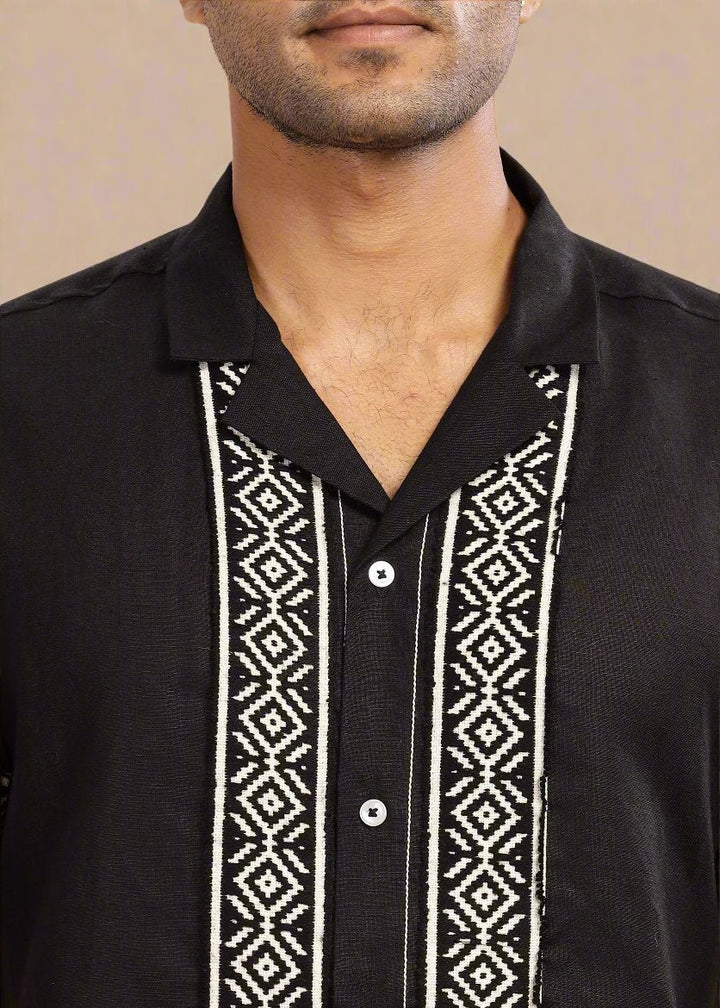 Ameer - Pure Linen Toda Hand-Embroidered Half Sleeve Shirt - Black