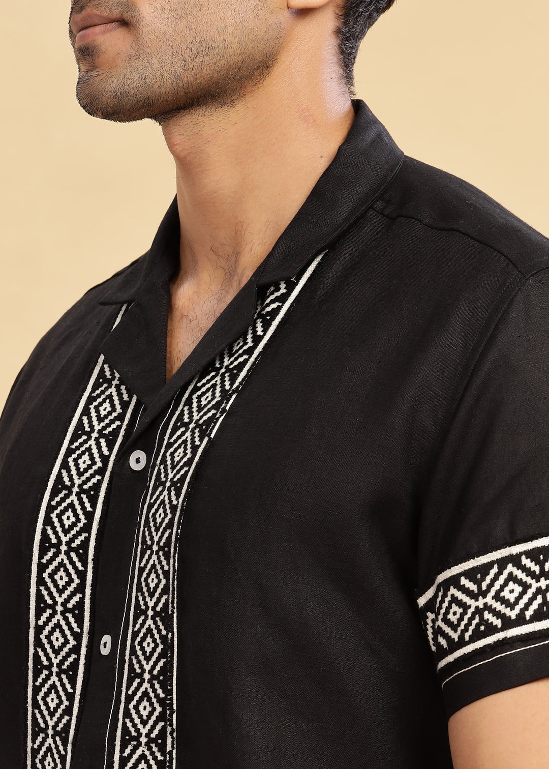 Ameer - Pure Linen Toda Hand-Embroidered Half Sleeve Shirt - Black