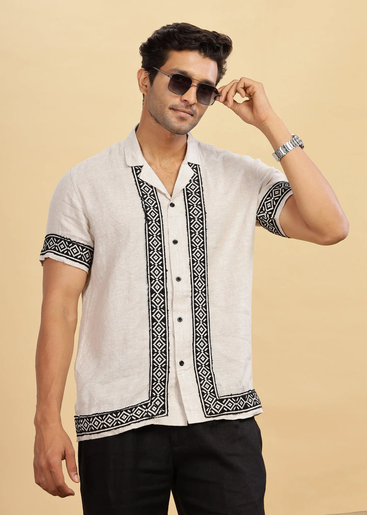 Ameer - Pure Linen Toda Hand-Embroidered Half Sleeve Shirt - Ecru