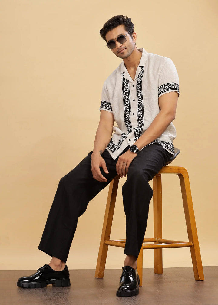 Ameer - Pure Linen Toda Hand-Embroidered Half Sleeve Shirt - Ecru