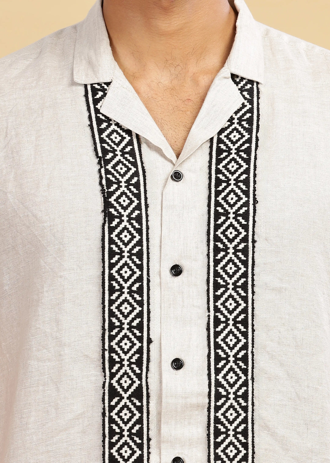 Ameer - Pure Linen Toda Hand-Embroidered Half Sleeve Shirt - Ecru