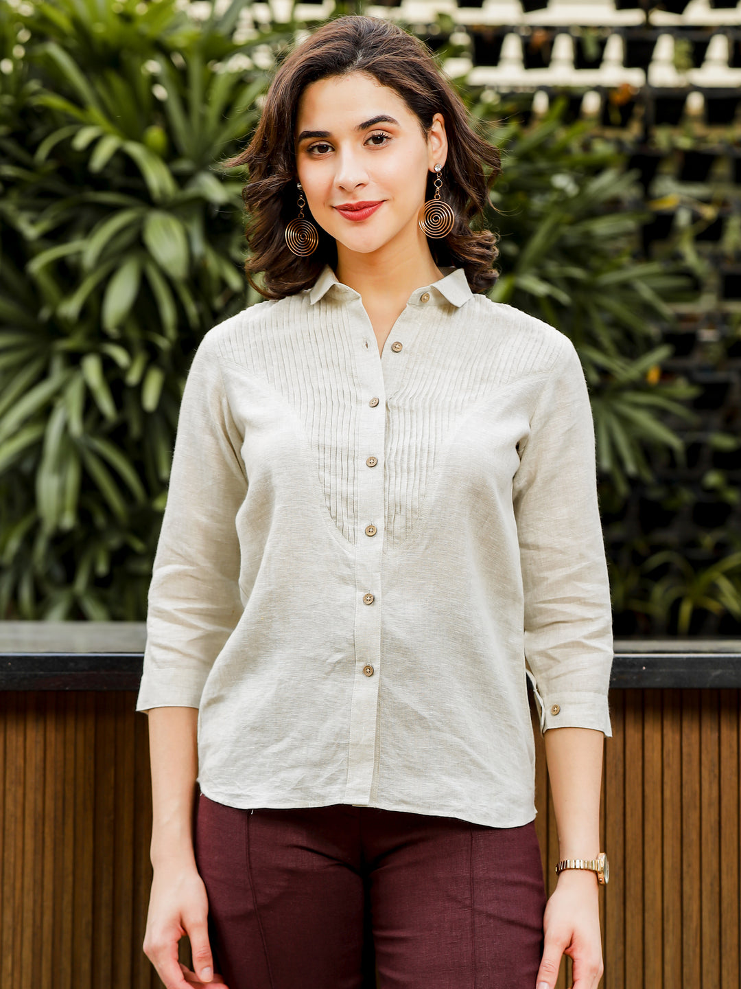 Amelia - Pure Linen Full Sleeve Shirt With Pleated Yoke - Ecru