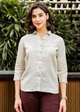 Amelia - Pure Linen Full Sleeve Shirt With Pleated Yoke - Ecru