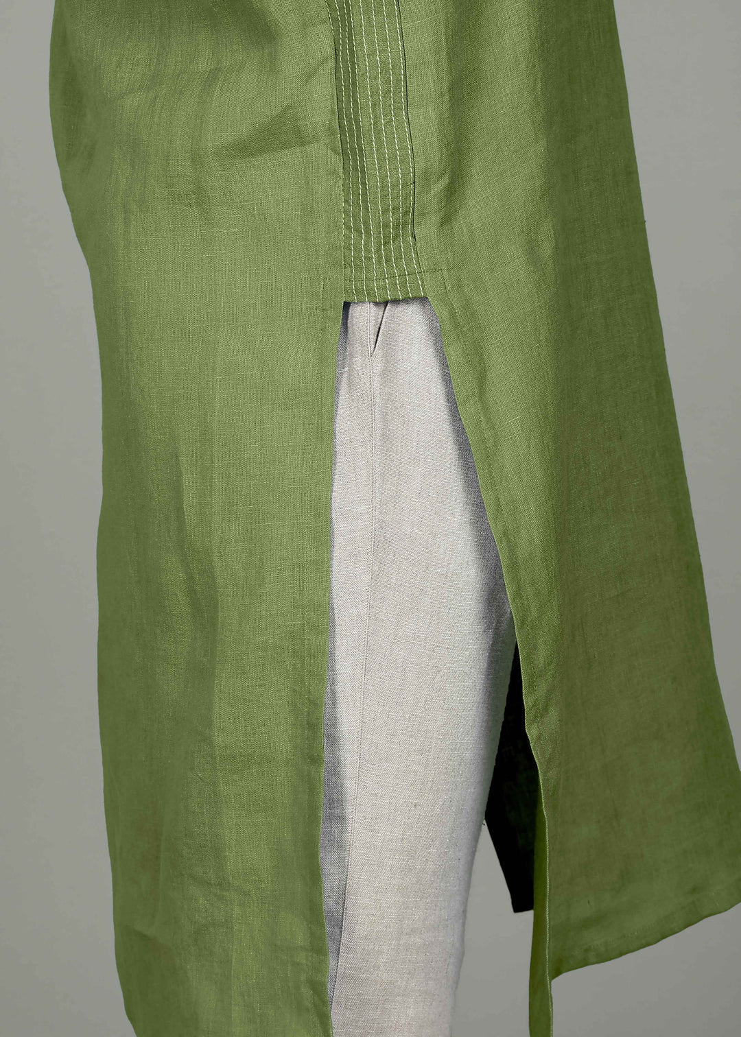 Anvay - Pure Linen Long Kurta with Stitch Detail - Cossack Green