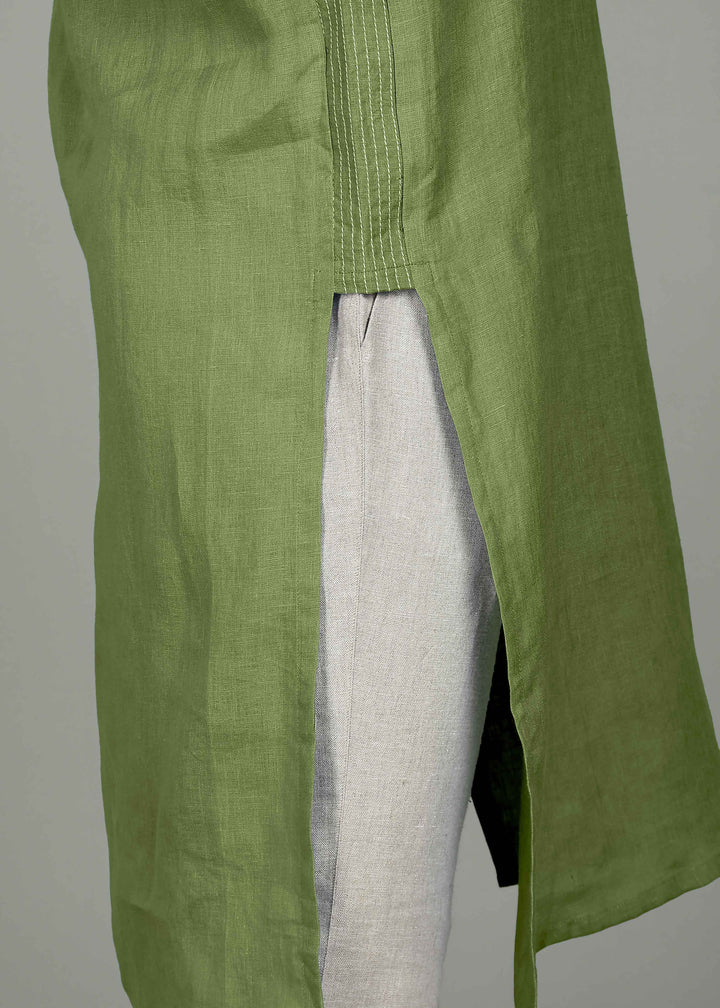 Anvay - Pure Linen Long Kurta with Stitch Detail - Cossack Green