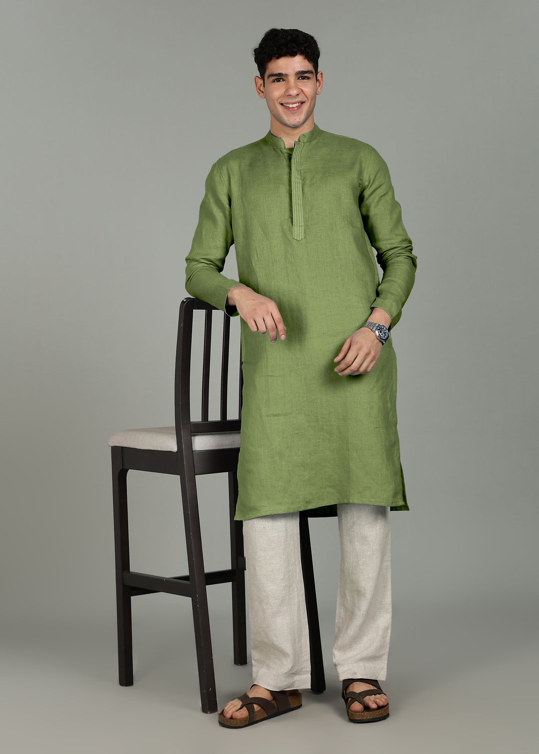 Anvay - Pure Linen Long Kurta with Stitch Detail - Cossack Green
