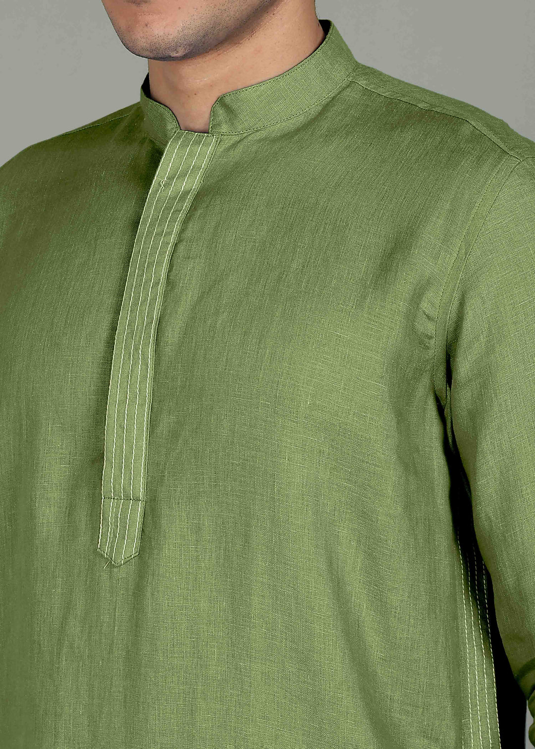 Anvay - Pure Linen Long Kurta with Stitch Detail - Cossack Green