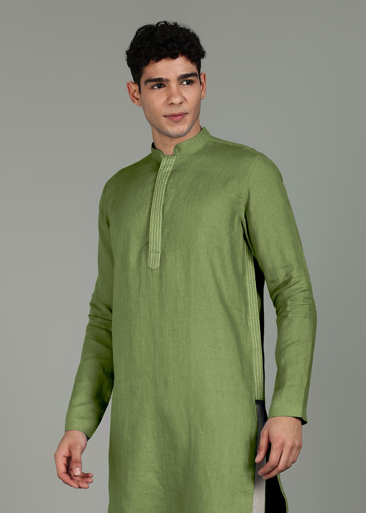 Anvay - Pure Linen Long Kurta with Stitch Detail - Cossack Green