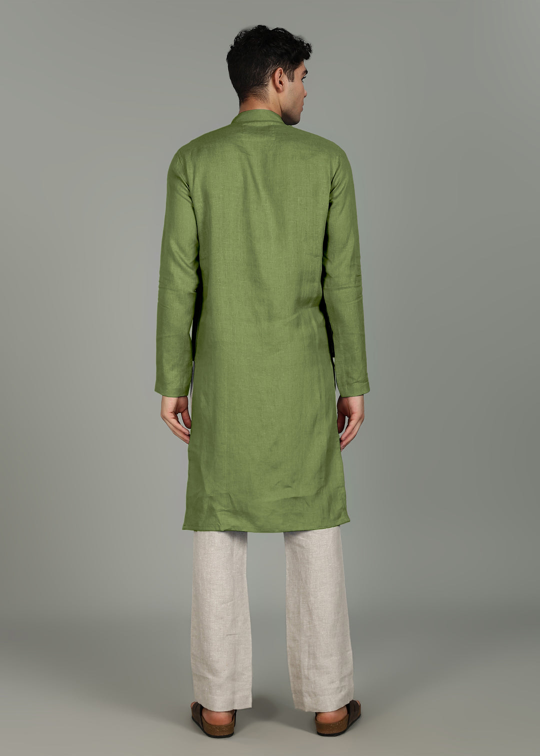 Anvay - Pure Linen Long Kurta with Stitch Detail - Cossack Green