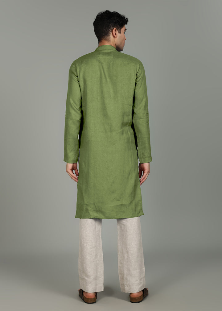 Anvay - Pure Linen Long Kurta with Stitch Detail - Cossack Green