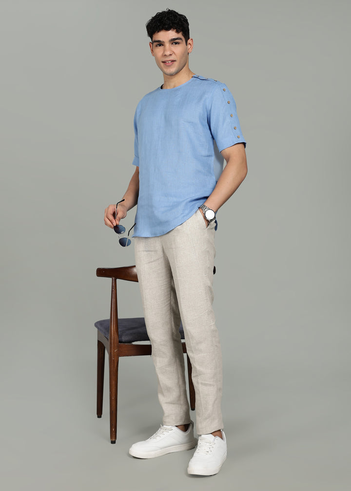 Man wearing 100% 60 LEA Olympic Blue Mandarin collar  T - Shirt in an indoor grey background.