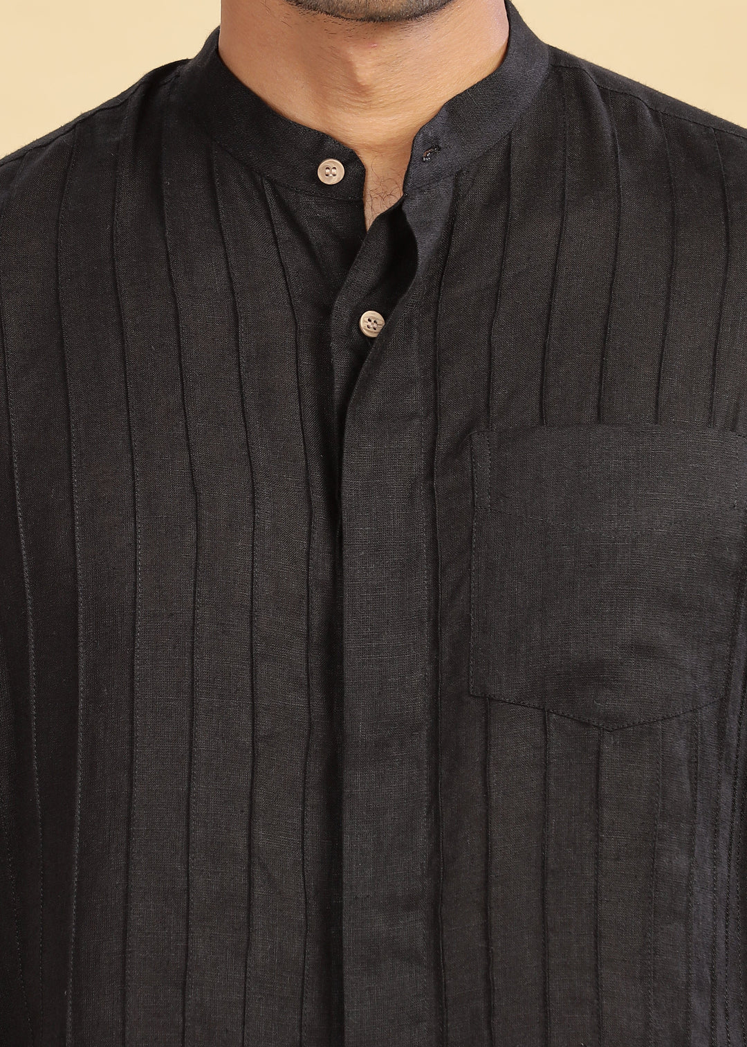 Arlo - Pure Linen Full Sleeve Shirt with Band Collar and Pin Tucks - Black