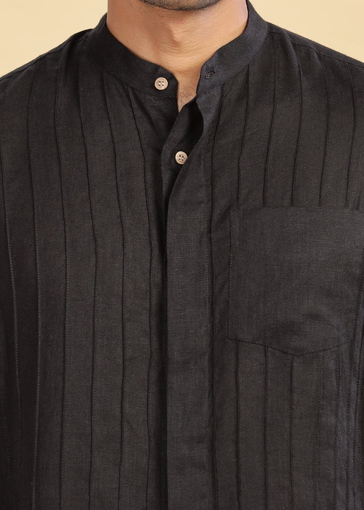 Arlo - Pure Linen Full Sleeve Shirt with Band Collar and Pin Tucks - Black