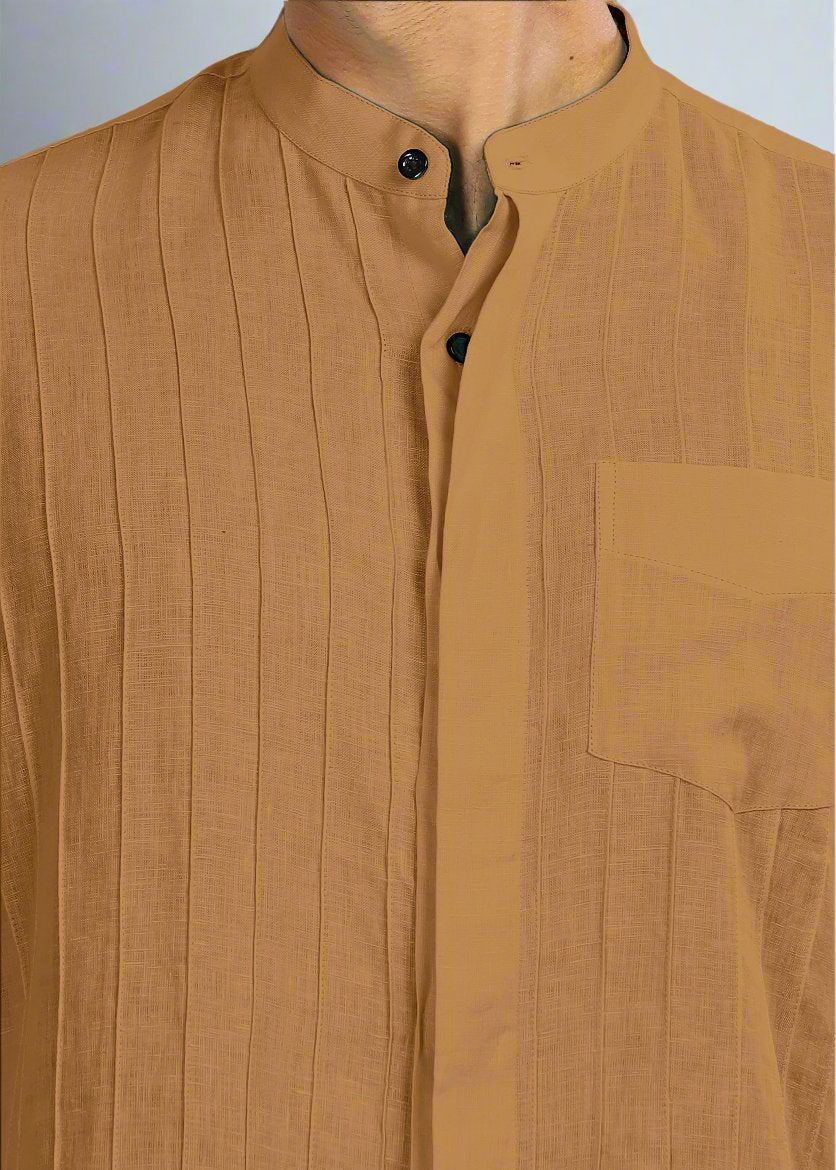 Arlo - Pure Linen Full Sleeve Shirt with Band Collar and Pin Tucks - Mustard Brown