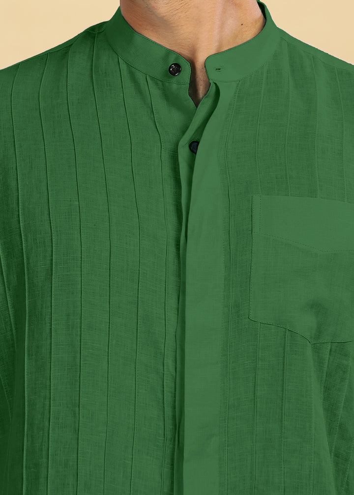 Arlo - Pure Linen Full Sleeve Shirt with Band Collar and Pin Tucks - Dark Green