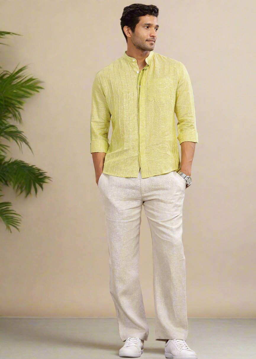 Arlo - Pure Linen Full Sleeve Shirt with Band Collar and Pin Tucks - Lime Green Chambray