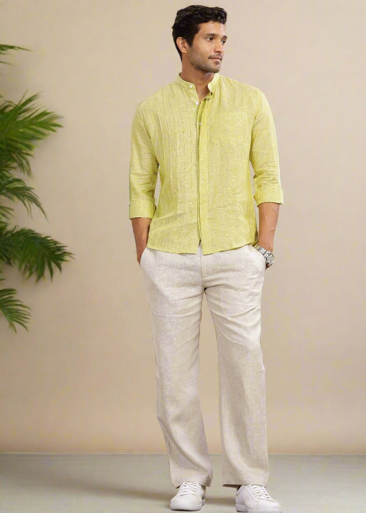 Arlo - Pure Linen Full Sleeve Shirt with Band Collar and Pin Tucks - Lime Green Chambray