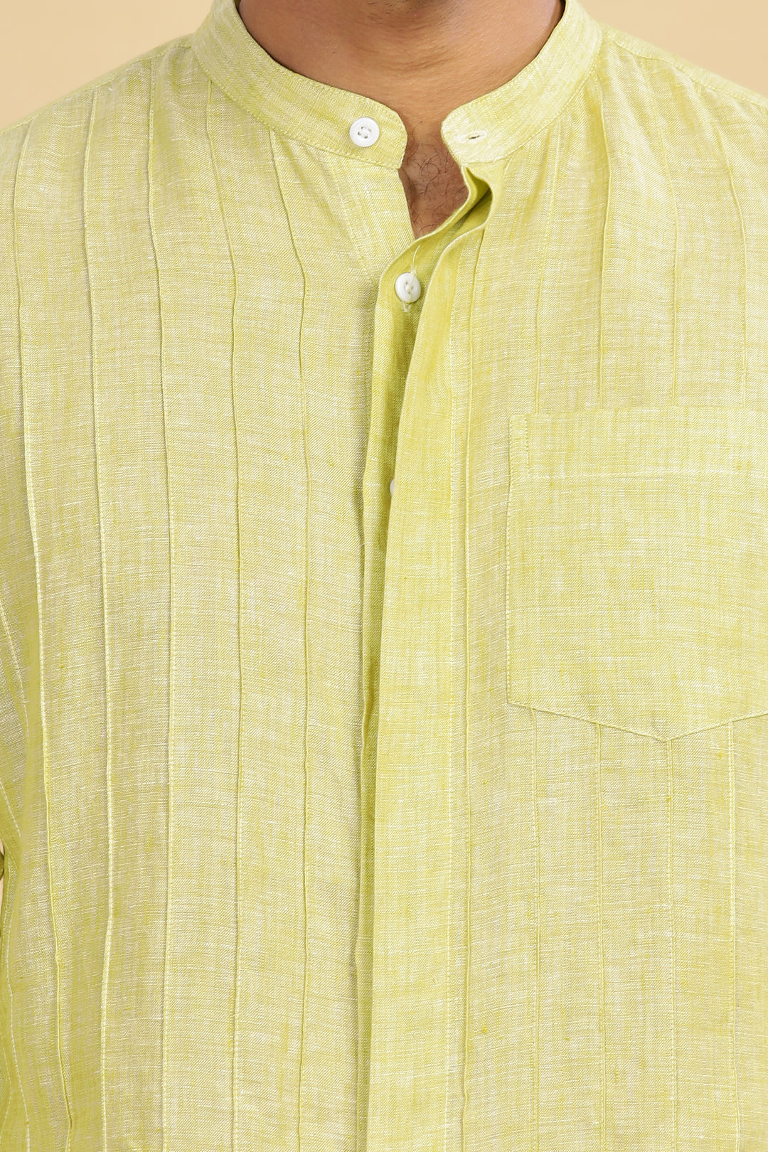 Arlo - Pure Linen Full Sleeve Shirt with Band Collar and Pin Tucks - Lime Green Chambray