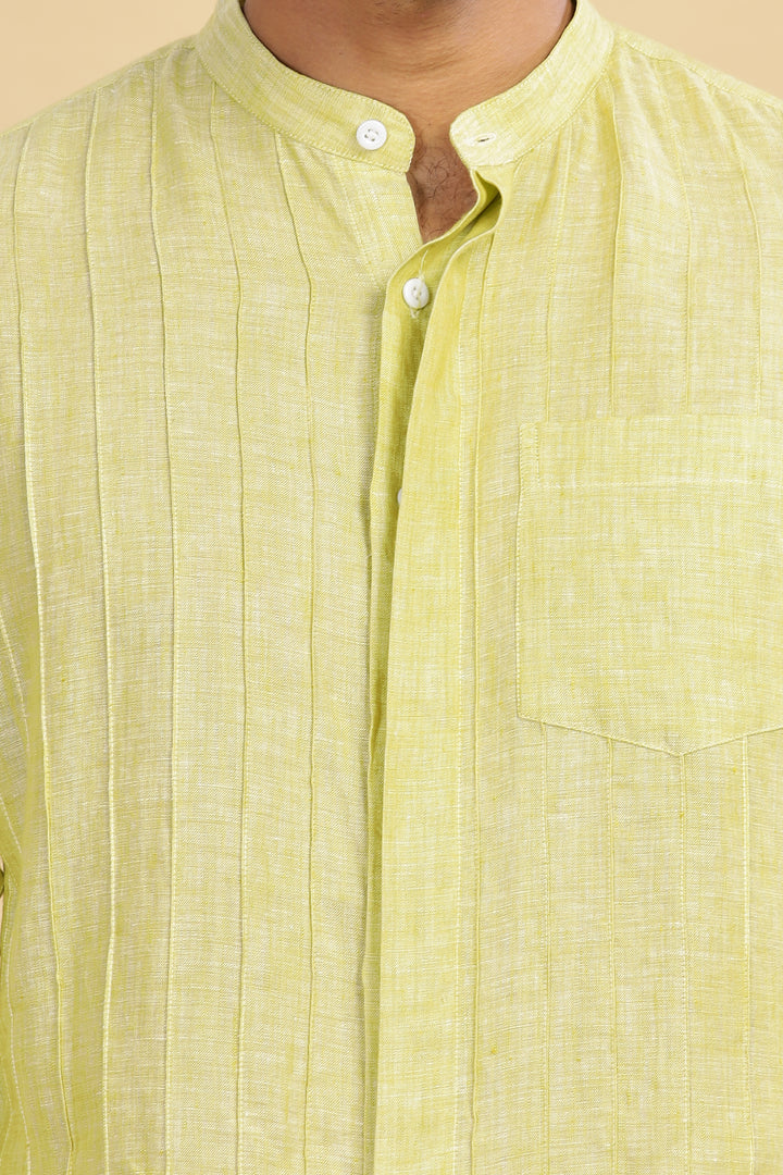 Arlo - Pure Linen Full Sleeve Shirt with Band Collar and Pin Tucks - Lime Green Chambray