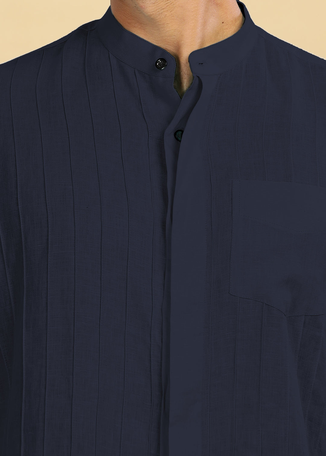 Arlo - Pure Linen Full Sleeve Shirt with Band Collar and Pin Tucks - Navy Blue