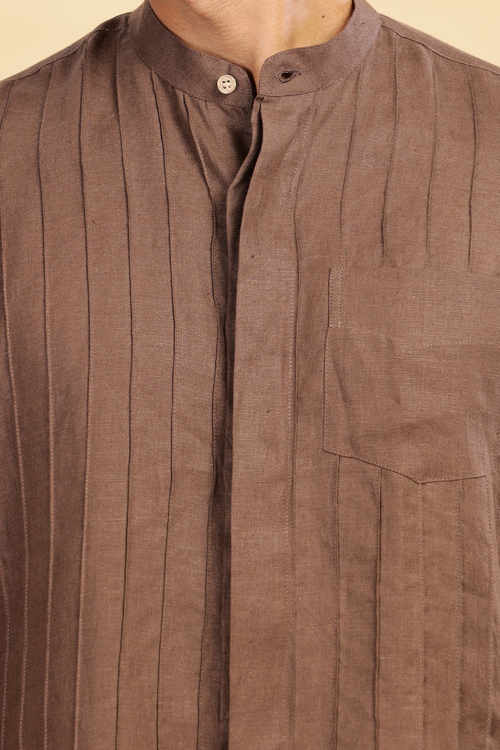 Arlo - Pure Linen Full Sleeve Shirt with Band Collar and Pin Tucks - Coffee Brown