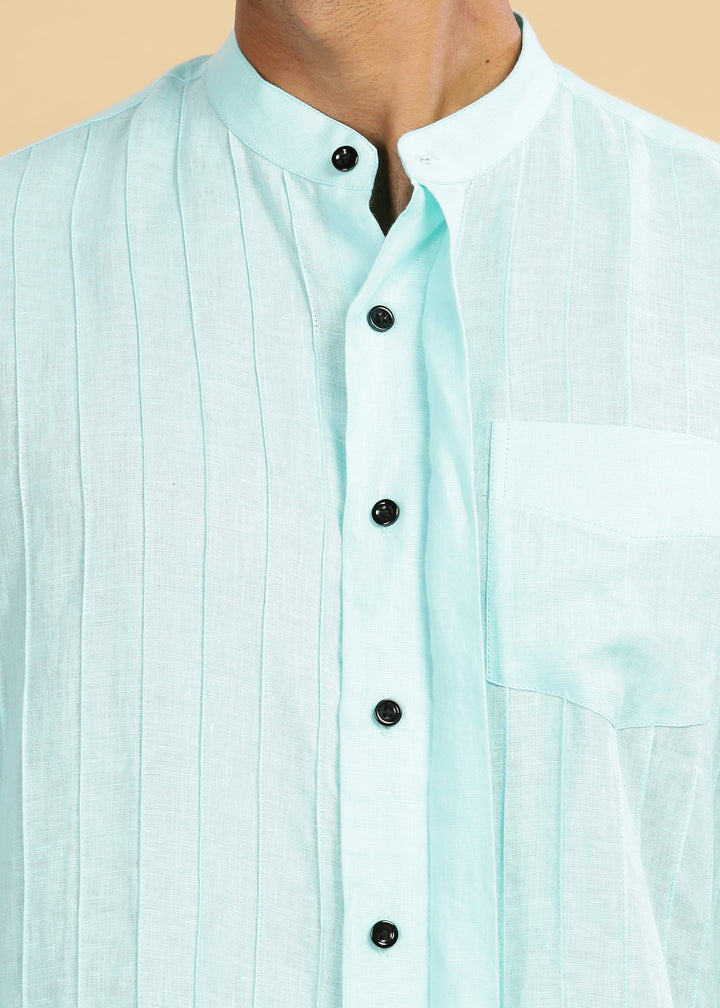 Arlo - Pure Linen Full Sleeve Shirt with Band Collar and Pin Tucks - Cyan Blue