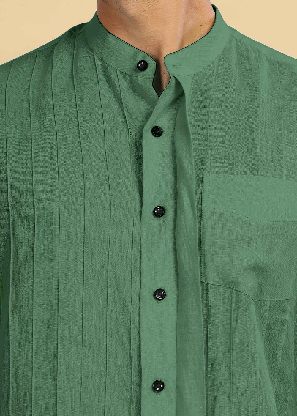 Arlo 100% Pure Linen Full Sleeve Shirt in Dark Green with Band Collar and Pin Tucks crafted in 60 LEA