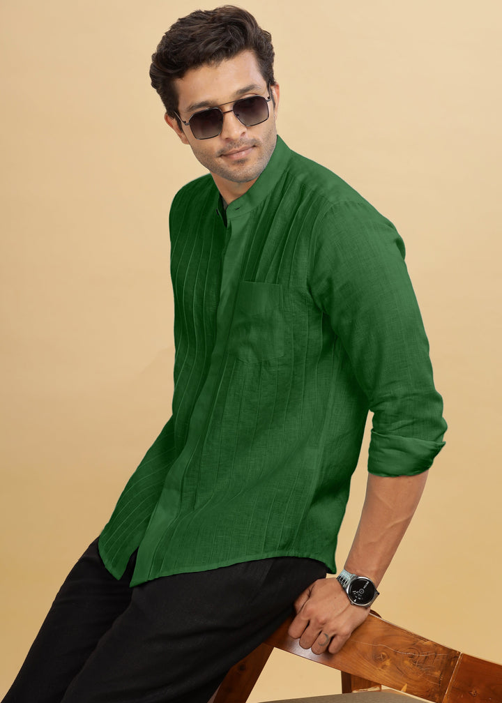 Arlo - Pure Linen Full Sleeve Shirt with Band Collar and Pin Tucks - Dark Green