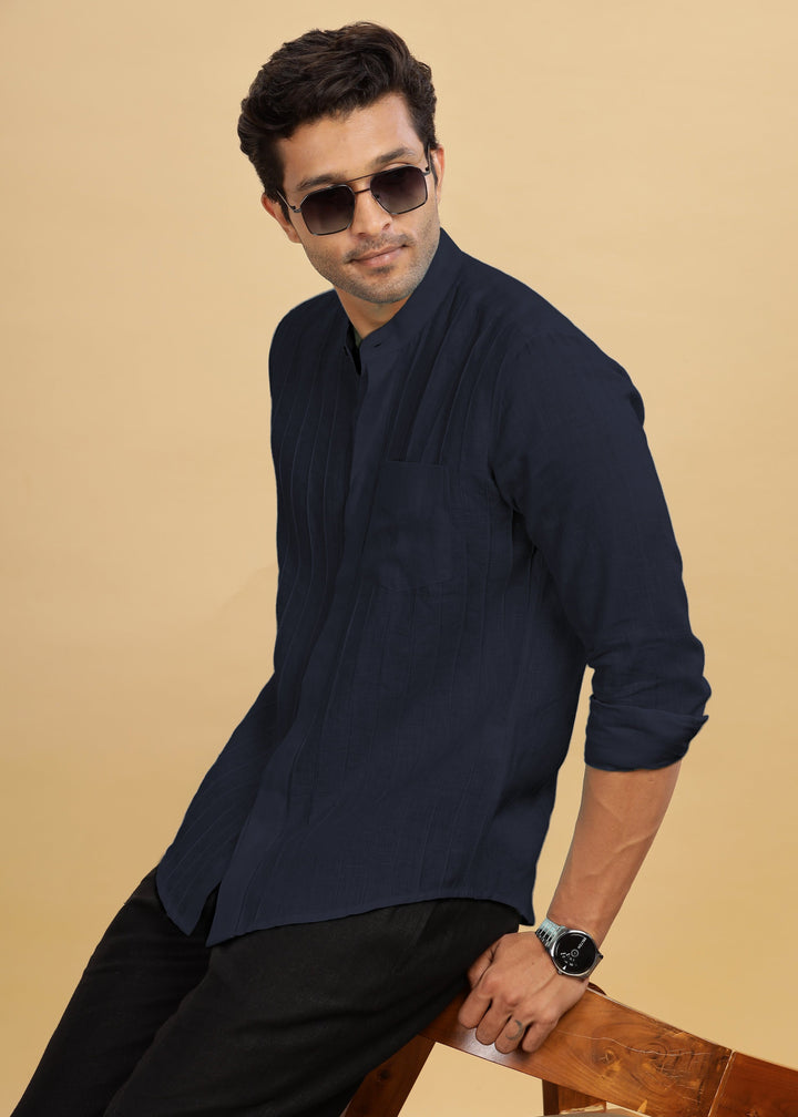 Arlo - Pure Linen Full Sleeve Shirt with Band Collar and Pin Tucks - Navy Blue