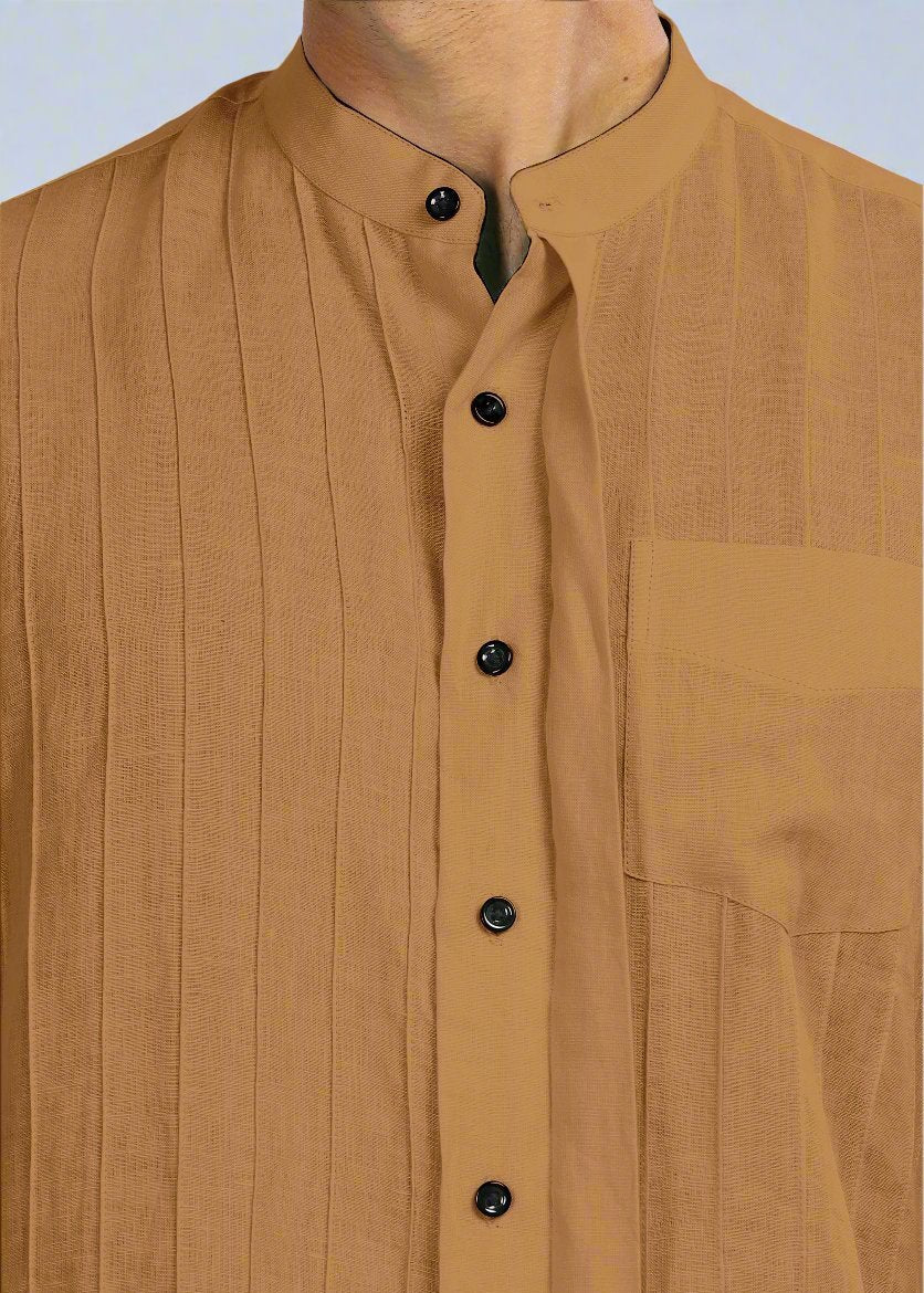 Arlo - Pure Linen Full Sleeve Shirt with Band Collar and Pin Tucks - Mustard Brown