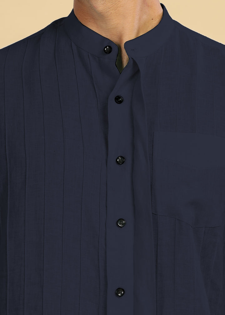 Arlo - Pure Linen Full Sleeve Shirt with Band Collar and Pin Tucks - Navy Blue