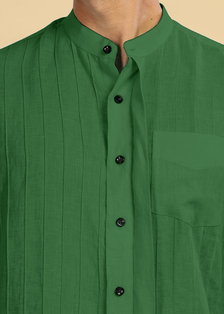 Arlo - Pure Linen Full Sleeve Shirt with Band Collar and Pin Tucks - Dark Green