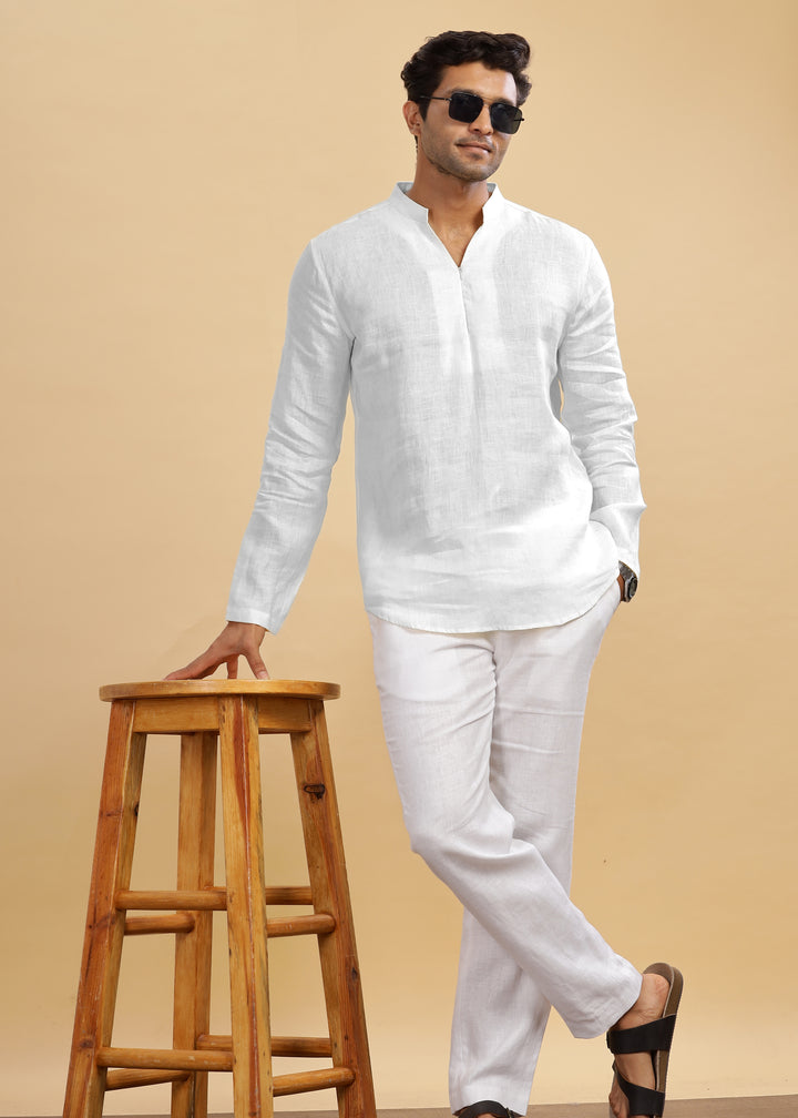 Arnav - Full Sleeve Broad-Notched Collar Pure Linen Short Kurta - White