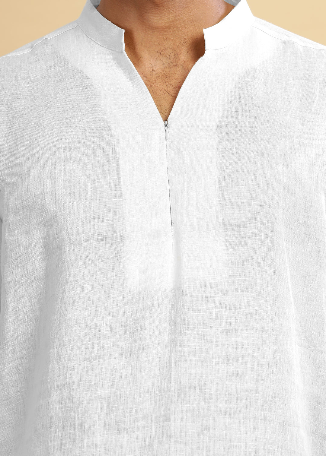 Arnav - Full Sleeve Broad-Notched Collar Pure Linen Short Kurta - White