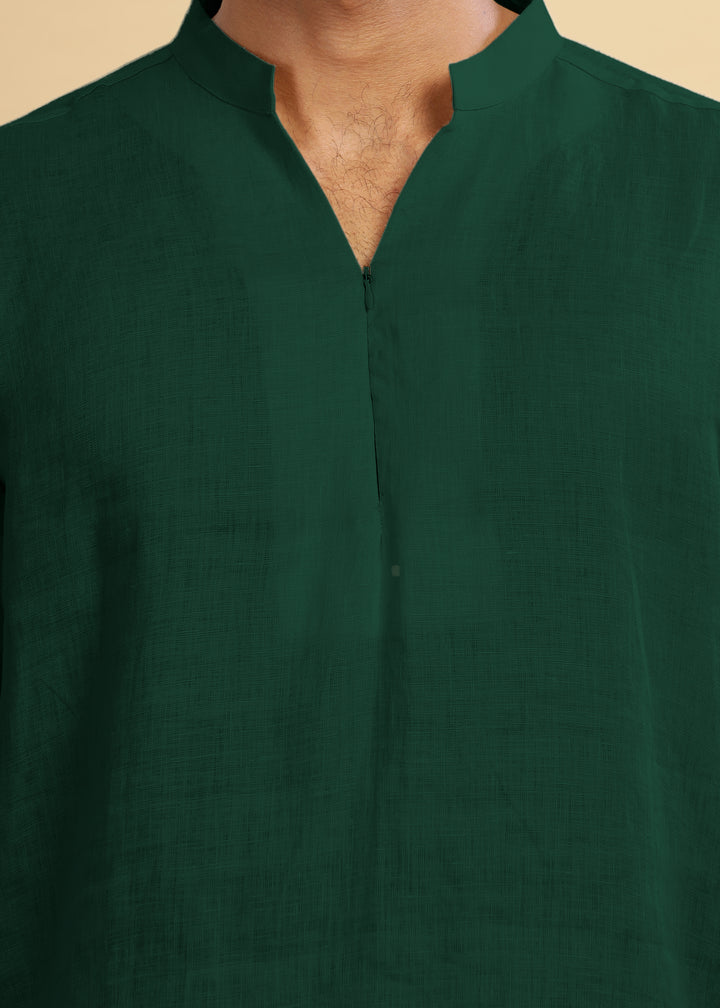 Arnav - Full Sleeve Broad-Notched Collar Pure Linen Short Kurta - Dark Pine Green