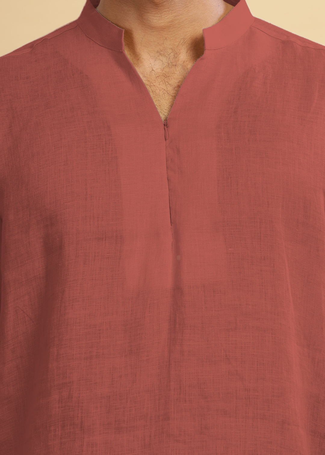 Arnav - Full Sleeve Broad-Notched Collar Pure Linen Short Kurta - Terracotta Red