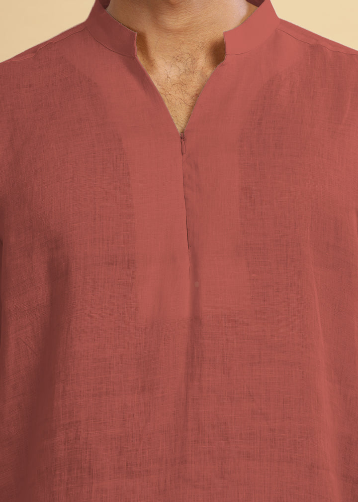 Arnav - Full Sleeve Broad-Notched Collar Pure Linen Short Kurta - Terracotta Red