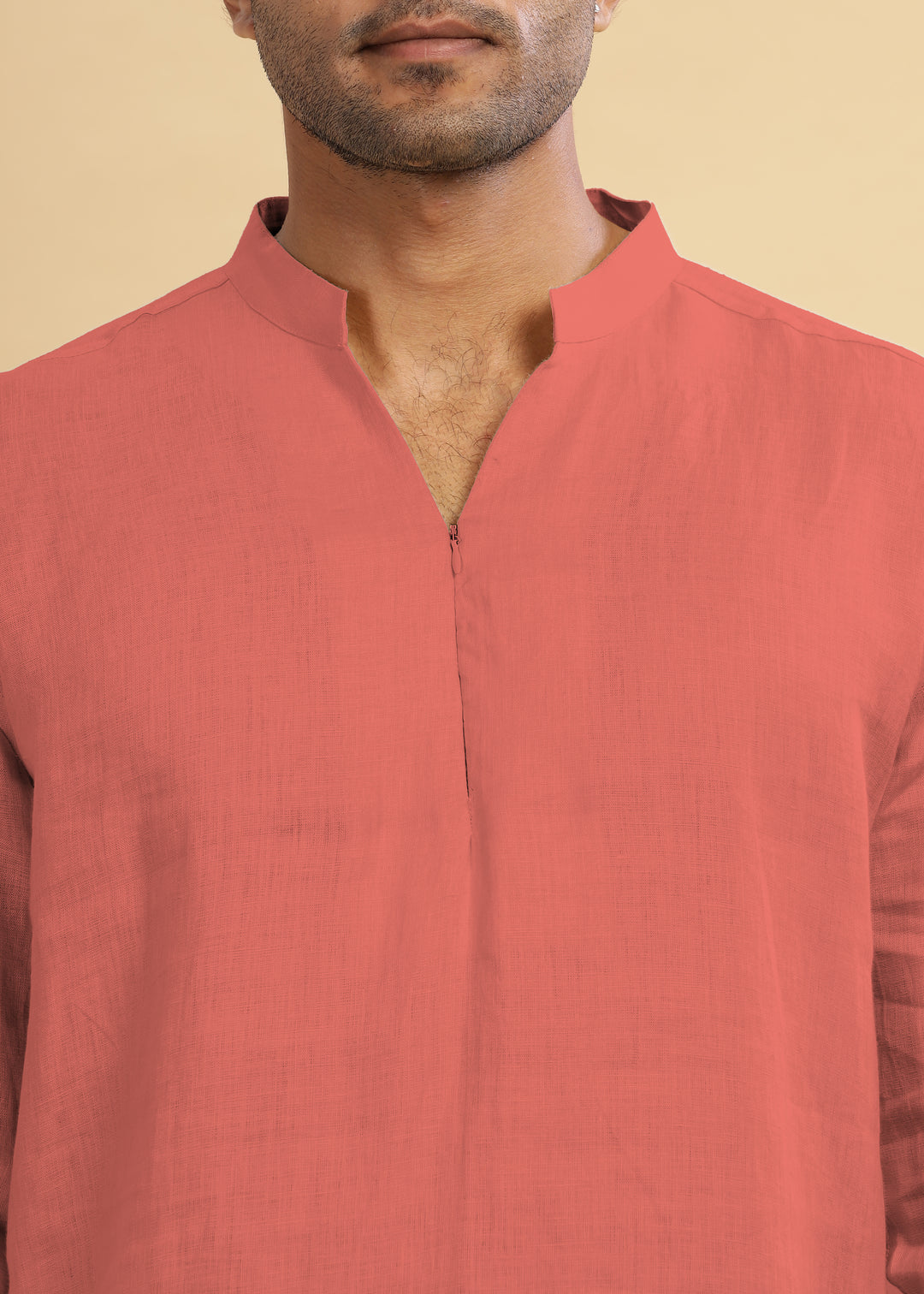 Arnav - Full Sleeve Broad-Notched Collar Pure Linen Short Kurta - Terracotta Red
