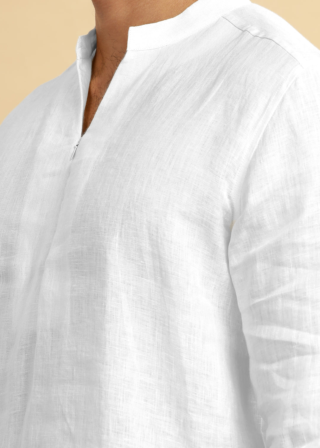 Arnav - Full Sleeve Broad-Notched Collar Pure Linen Short Kurta - White