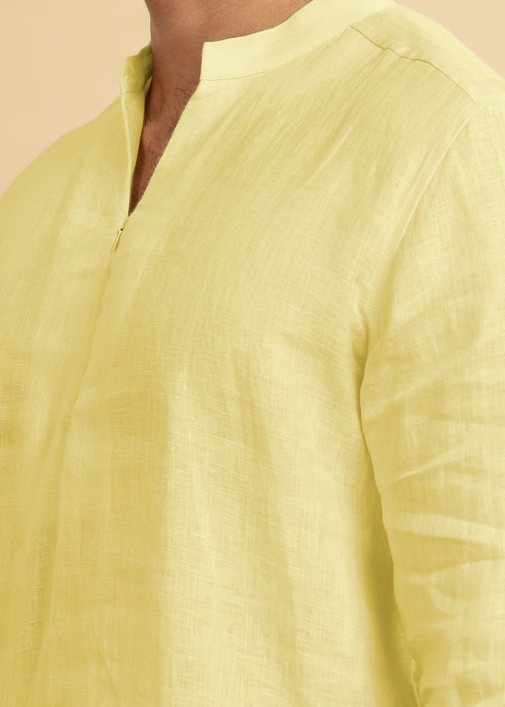 Arnav - Full Sleeve Broad-Notched Collar Pure Linen Short Kurta - Pistachio Yellow